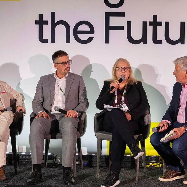 L-R Michiel Scheffer, President of the Board - European Innovation Council; Stefan Kollinger, Chief Innovation Officer, ORF & Chair, EBU AI Accelerator – ORF; Anette Schaefer, CEO - EIT Culture & Creativity; Moderator Mark Smith, Project Lead, IBC Accelerators & Chair of the IBC Council - IBC 